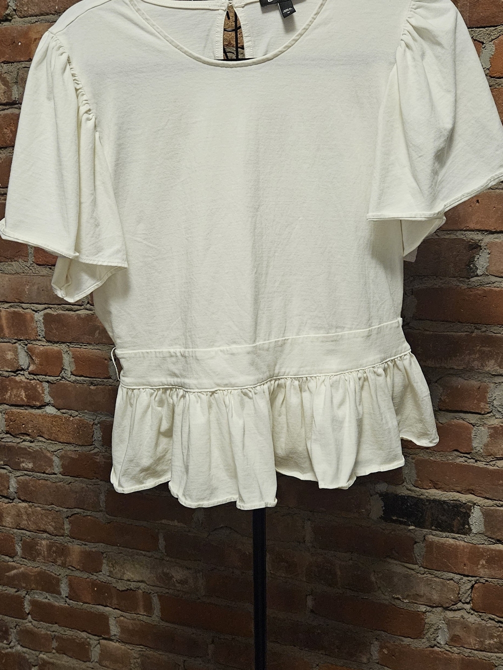 Express Cream Cotton  Peplum Ruffle Short Sleeve Top
